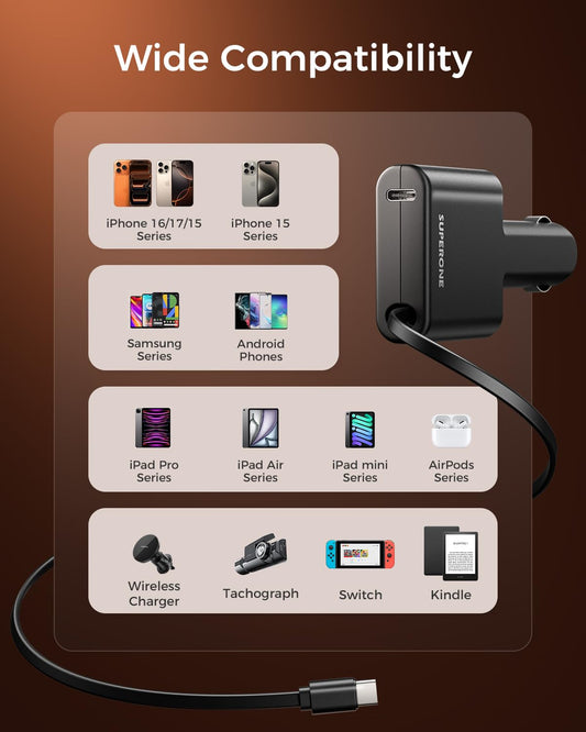 LISEN Retractable Car Charger,69W Cars Adapter USB C Fast Charger for iPhone 17-12