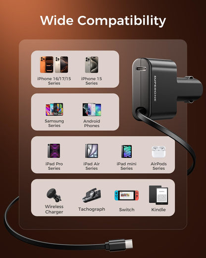 LISEN Retractable Car Charger,69W Cars Adapter USB C Fast Charger for iPhone 17-12