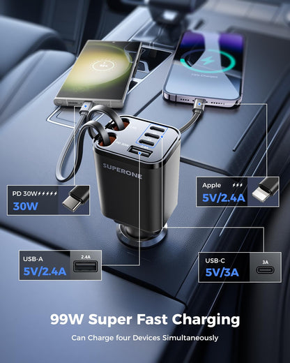 LISEN Retractable Car Charger,69W Cars Adapter USB C Fast Charger for iPhone 17-12